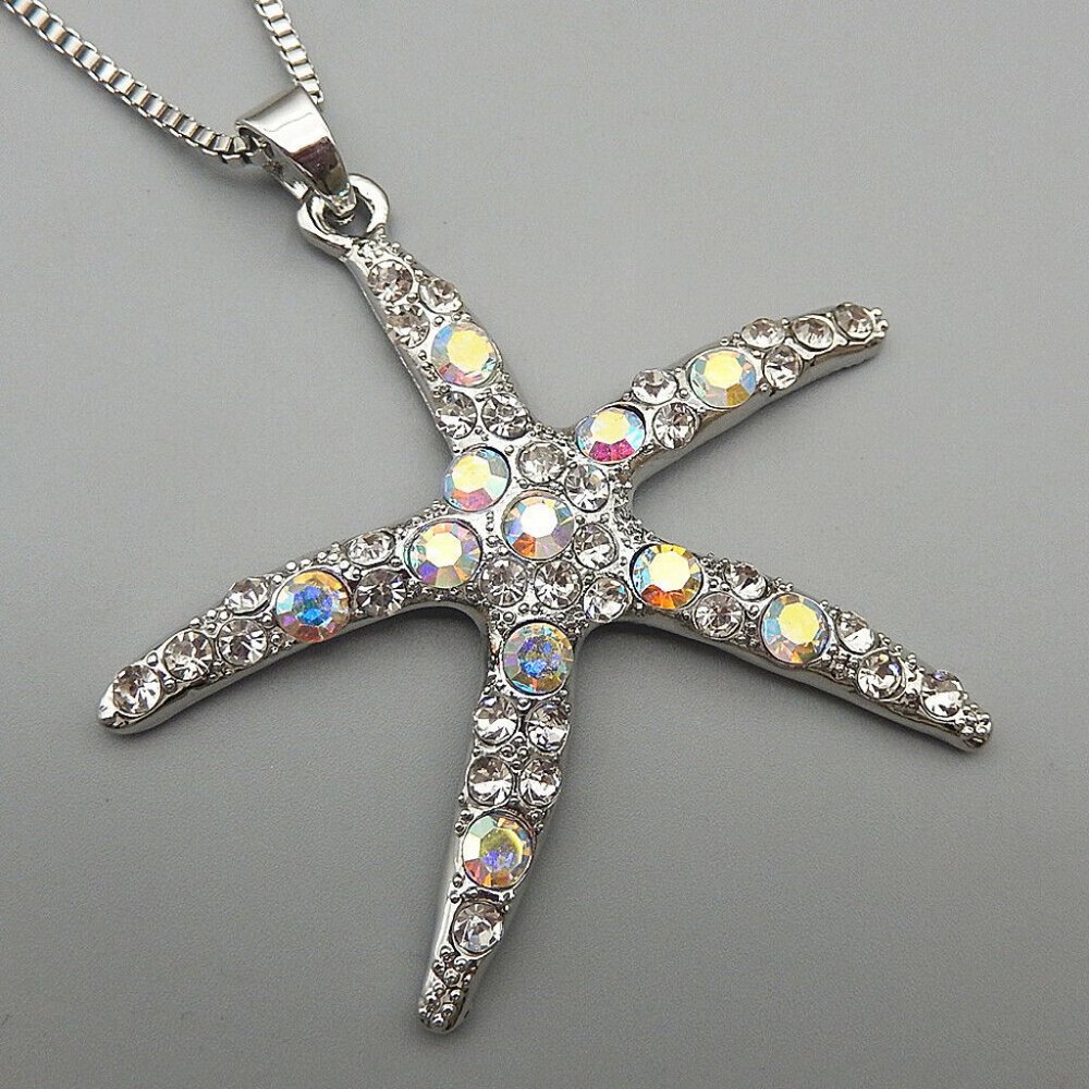 Sparkly Beauty STARFISH in Aurora Borealis & Crystal Rhinestone Pendant Necklace